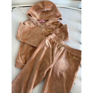 Juicy Couture Girls 4T Velour Tracksuit Hoodie Joggers Tan Gold Rhinestone Logo